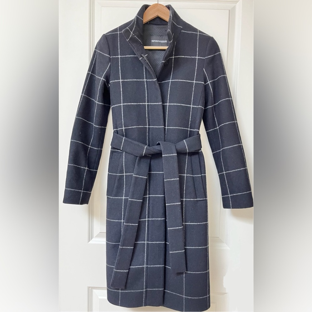 Emporio Armani Designer Navy Checkered Belted Wool Cashmere Coat Sz 38 Fits XS/S